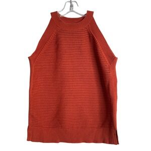 Ann Taylor Factory Sleeveless Sweater Womens M Rust Open Knit Preppy High Neck
